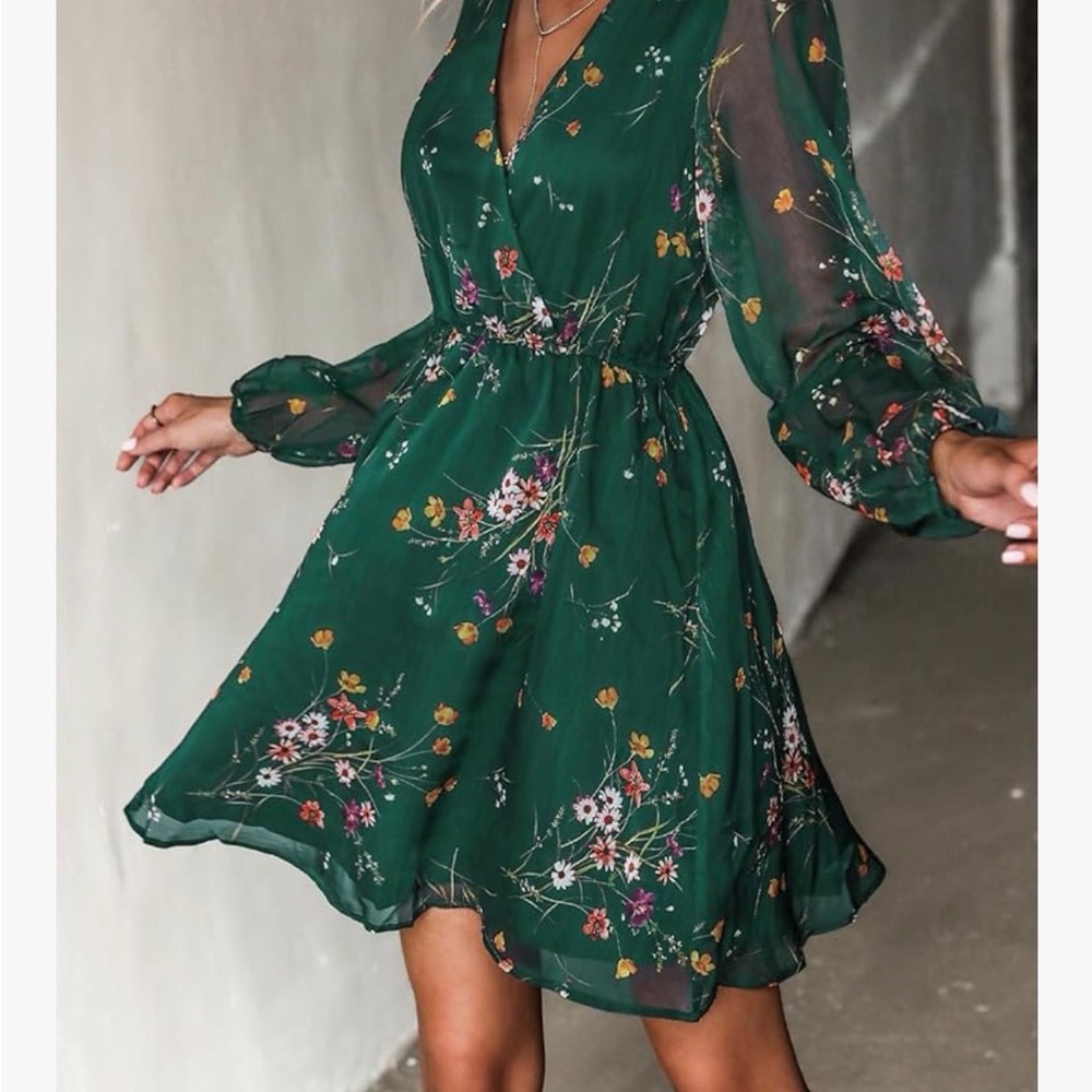 Cupshe Floral Long Sleeve Dress in Green - Picture 4 of 9